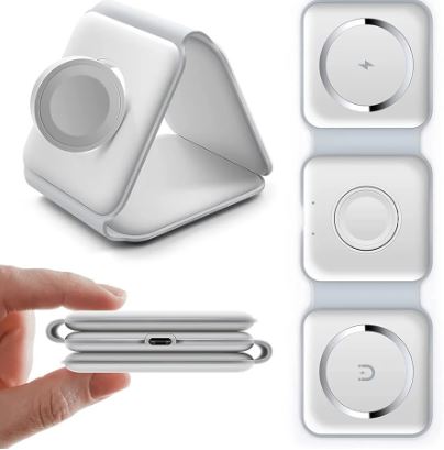 CARGADOR MAGNÉTICO PLEGABLE 3 EN 1, CARGADOR INALÁMBRICO CON DISEÑO MODERNO, CARGA RÁPIDA Y COMPATIBLE CON IOS Y ANDROID, CARGADOR POR INDUCCIÓN